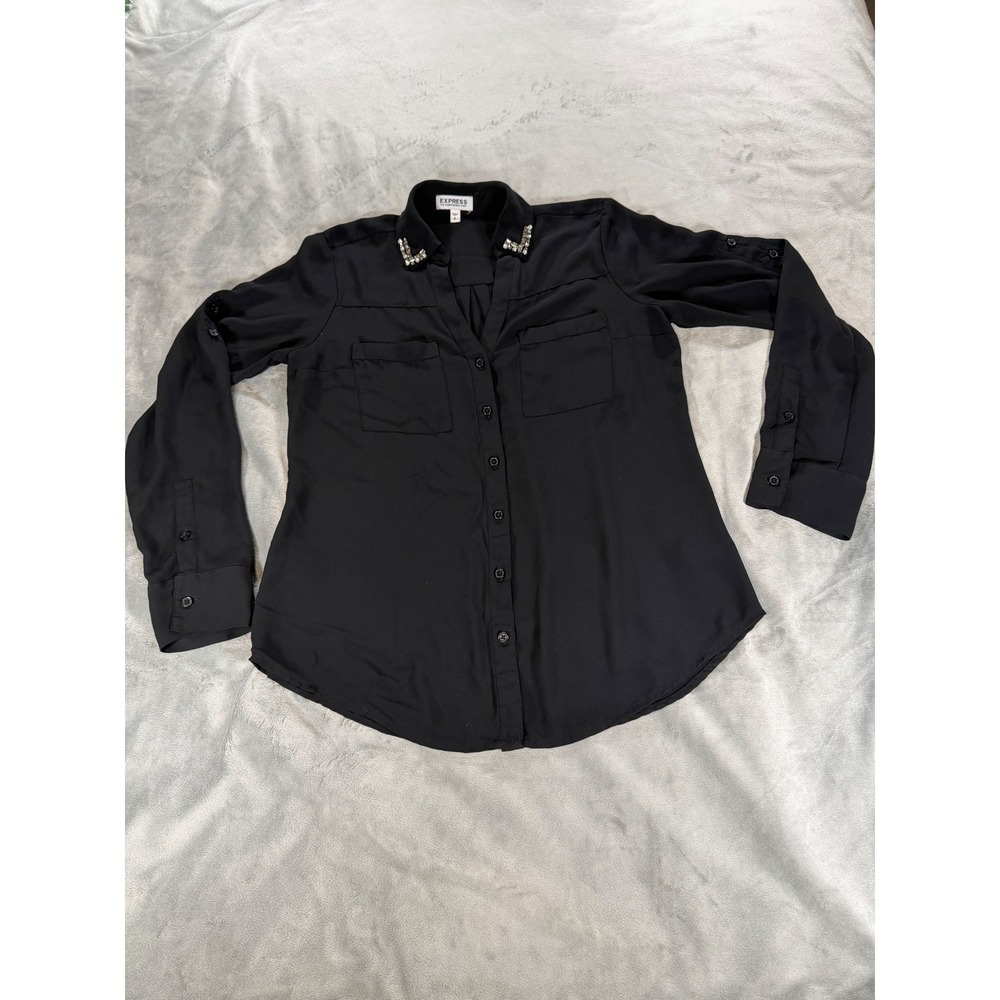 Express Womens S Portofino Shirt Black Rhinestone Button Up V Neck Classic Top